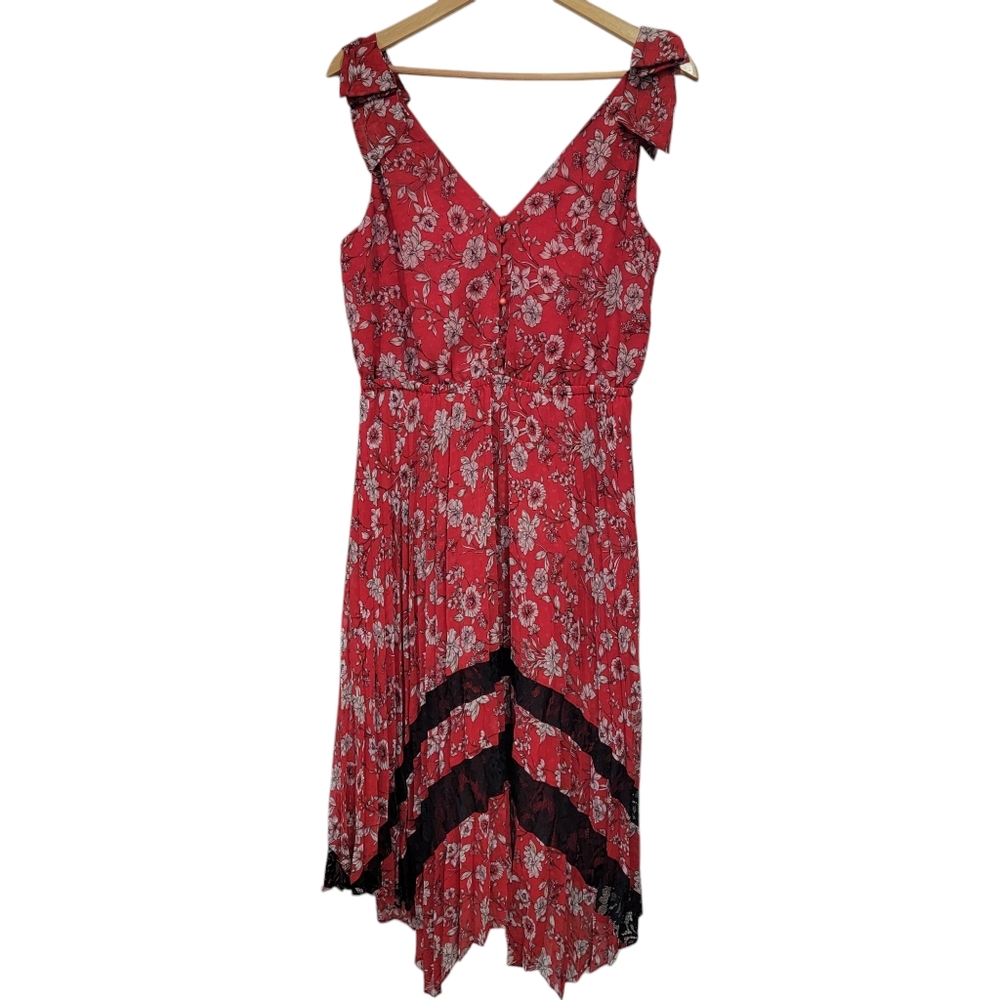 Nanette Lepore Pleated Floral Midi Dress Red Feminine Handkerchief Hem W… - Picture 3 of 16